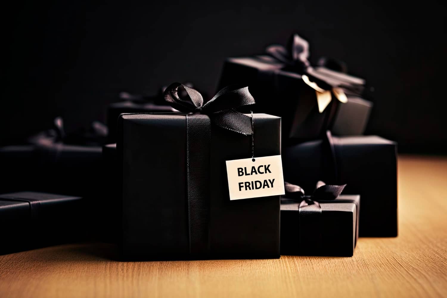 Coffrets cadeaux emballés de papier noir, l’un portant une étiquette « Black Friday »