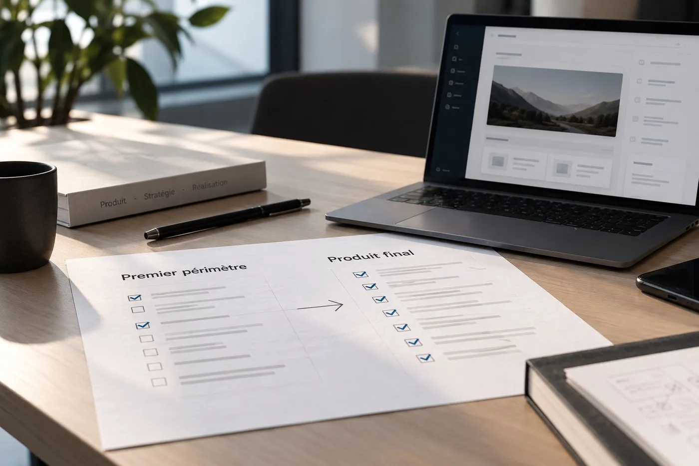 Feuille posée sur un bureau comparant un premier périmètre partiellement coché et un produit final entièrement coché, à côté d’un ordinateur portable