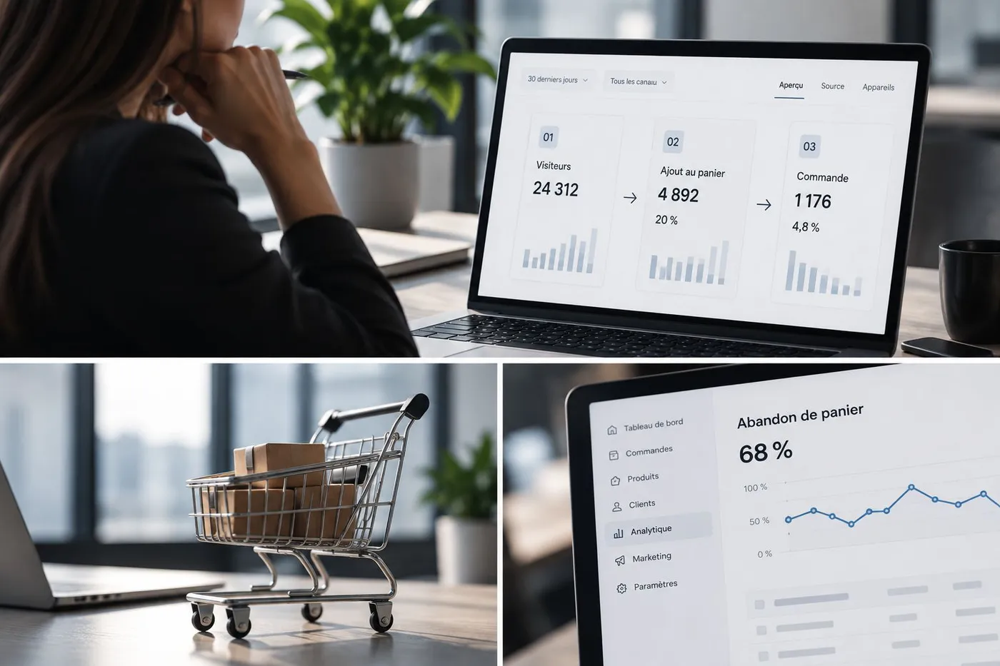 Tableau de bord e-commerce en trois volets : entonnoir visiteurs, ajouts au panier et commandes, chariot d’achat et taux d’abandon de panier