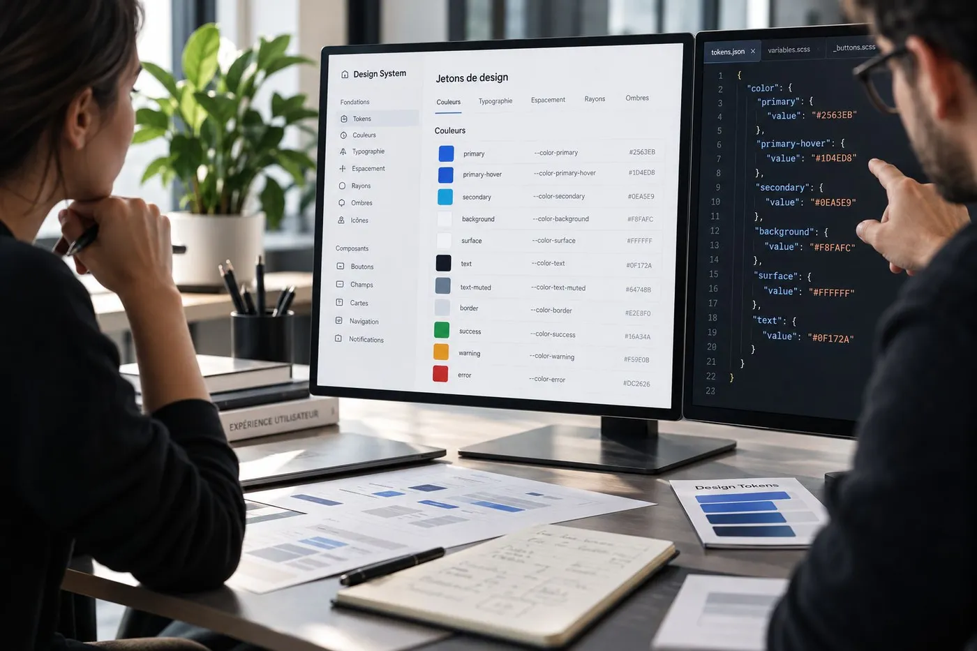 Deux collègues comparant les jetons de couleur d’un design system à l’écran et leur équivalent dans un fichier tokens.json