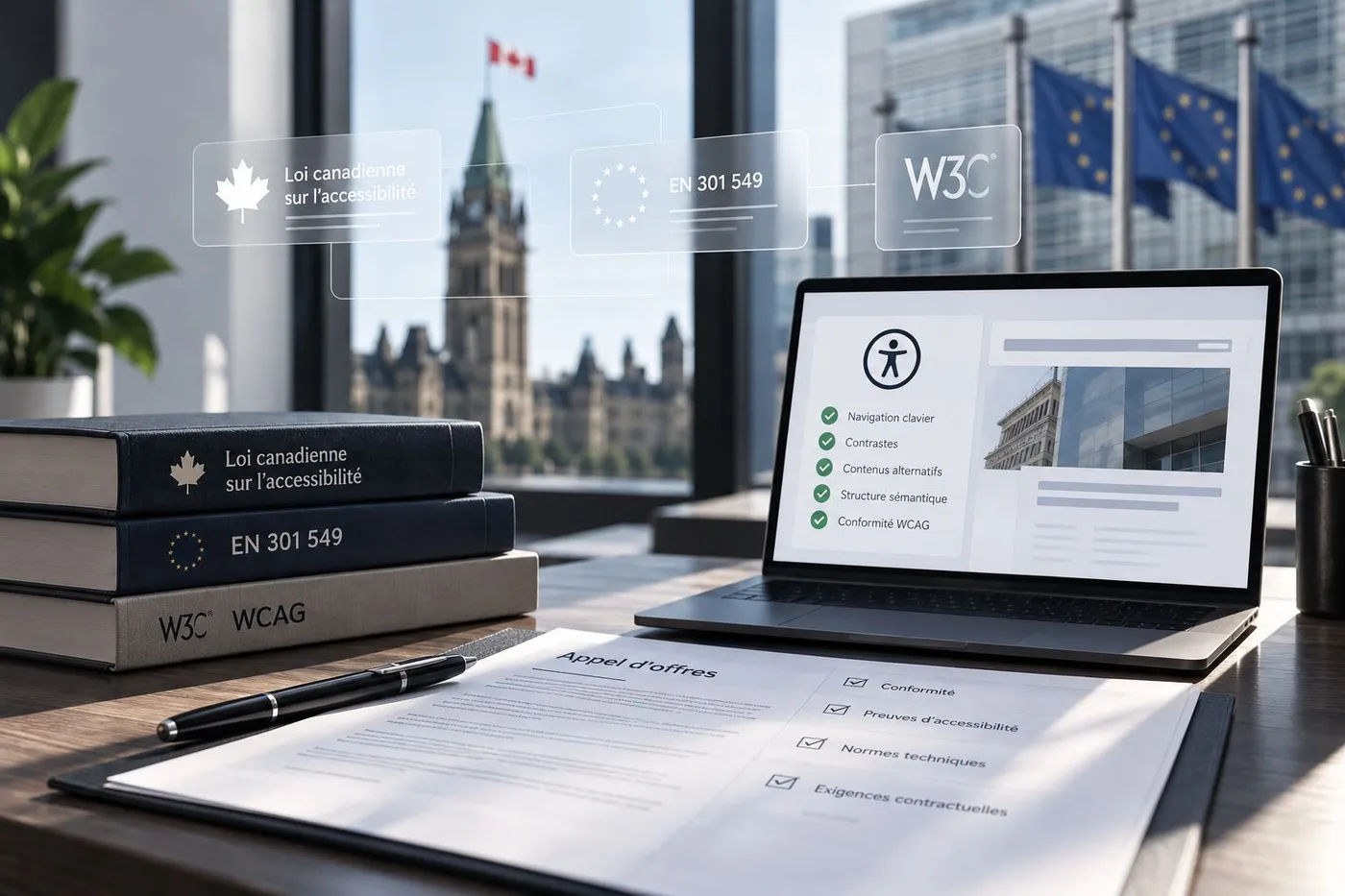 Ordinateur affichant une liste de contrôle d’accessibilité (navigation clavier, contrastes, contenus alternatifs, structure sémantique, conformité WCAG), à côté d’un appel d’offres et des normes canadienne, européenne et W3C