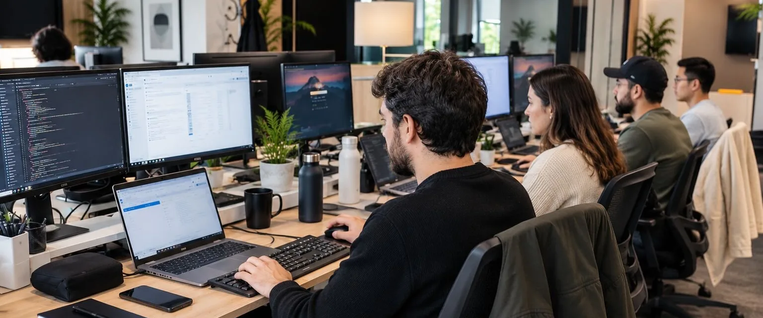 Équipe concentrée à ses postes de travail équipés de plusieurs écrans, dans un bureau moderne et lumineux.