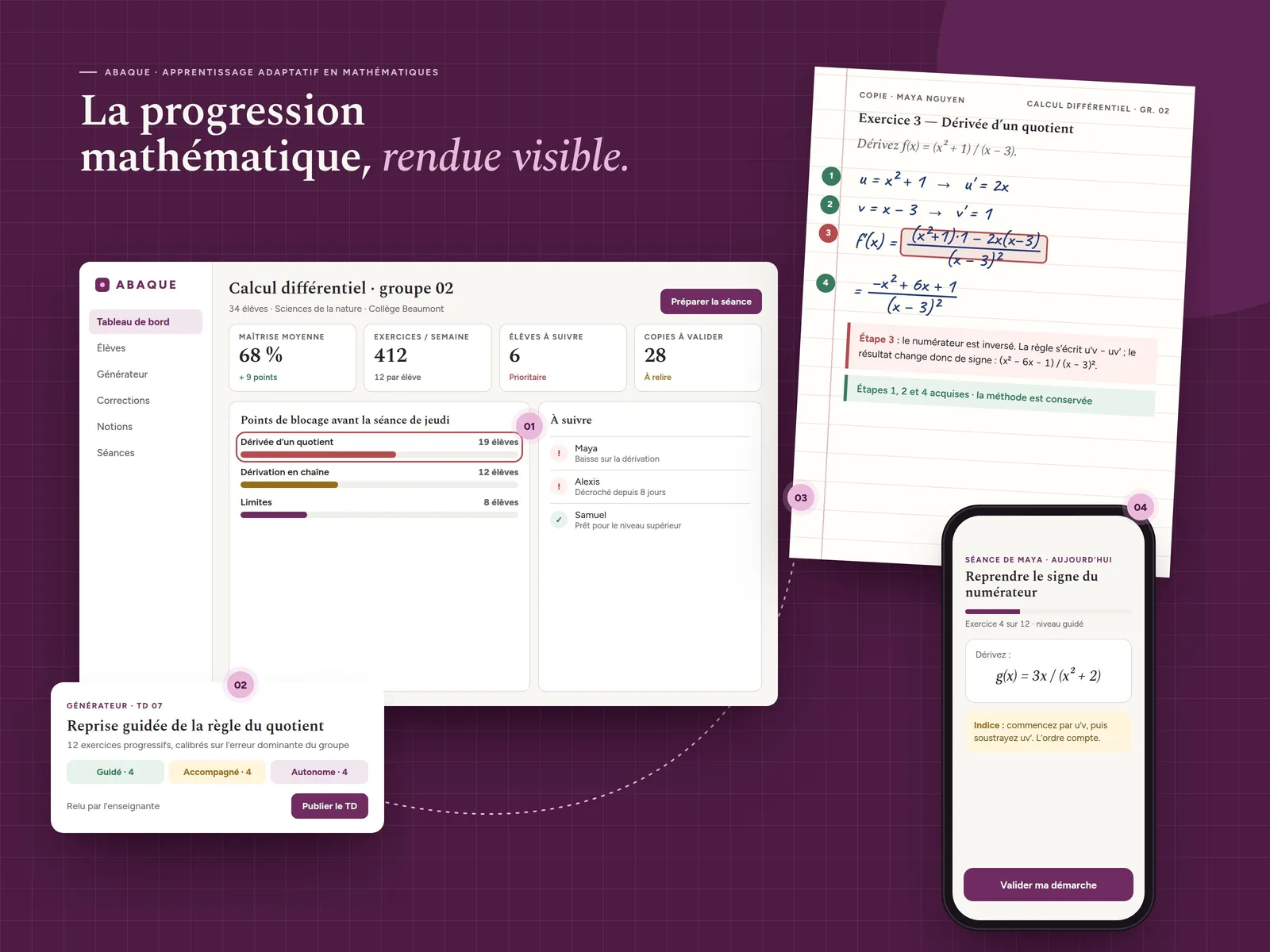 Présentation Abaque : tableau de bord enseignant, générateur de TD, correction de copie et séance élève sur mobile