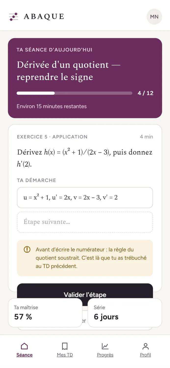 Vue élève Abaque sur mobile : séance du jour, démarche pas à pas et indice ciblé