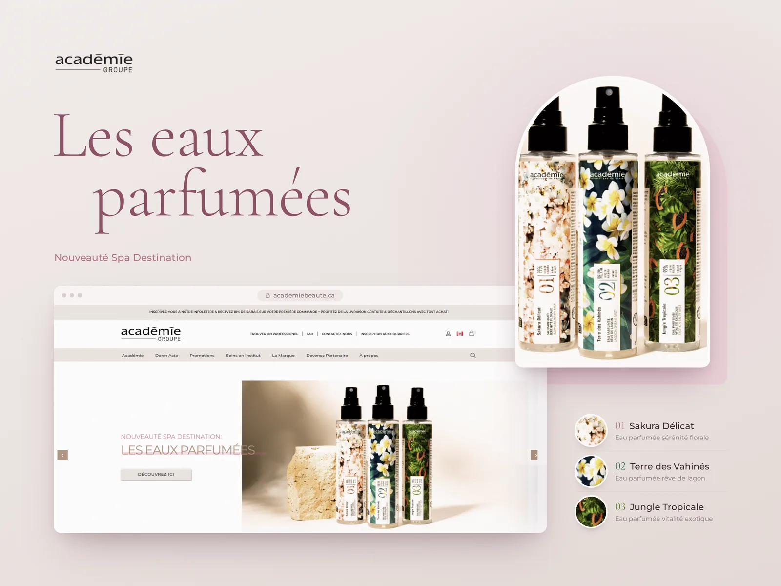 Présentation Académie Groupe : lancement des eaux parfumées Spa Destination sur la boutique en ligne, avec les trois parfums de la gamme