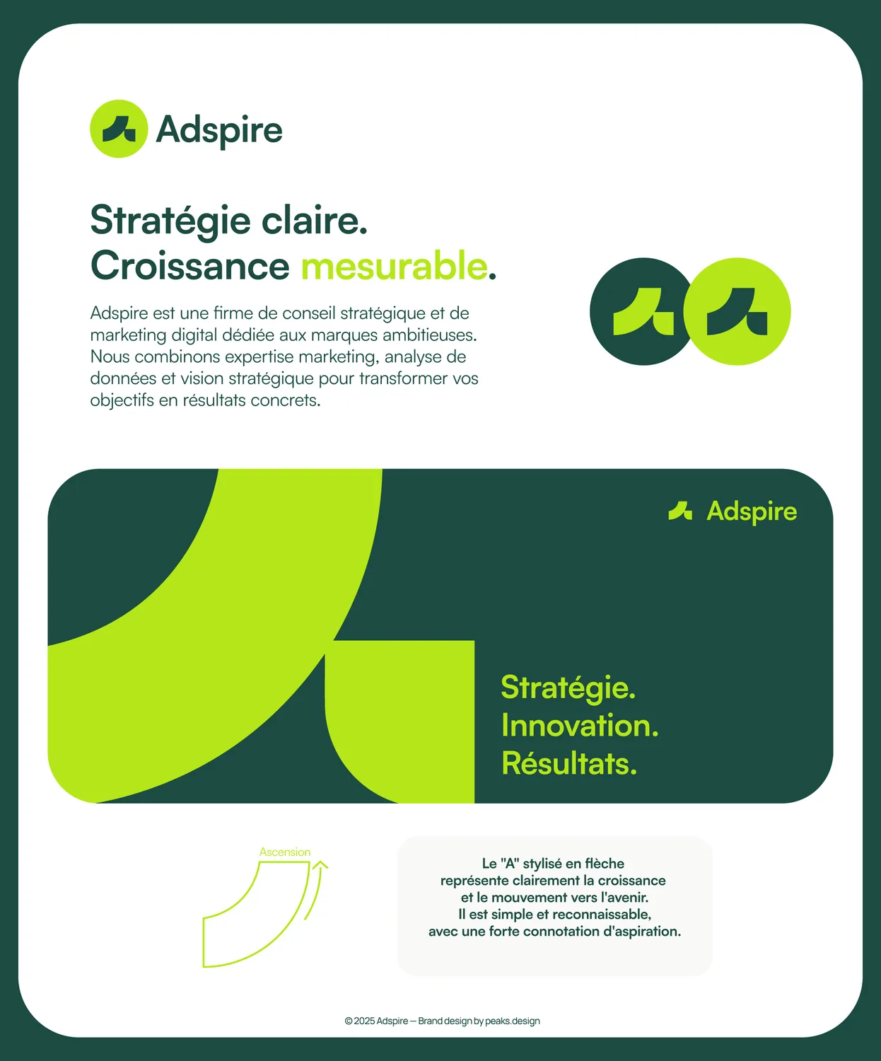 Planche de marque Adspire : signature, symbole en flèche ascendante et palette vert forêt et lime