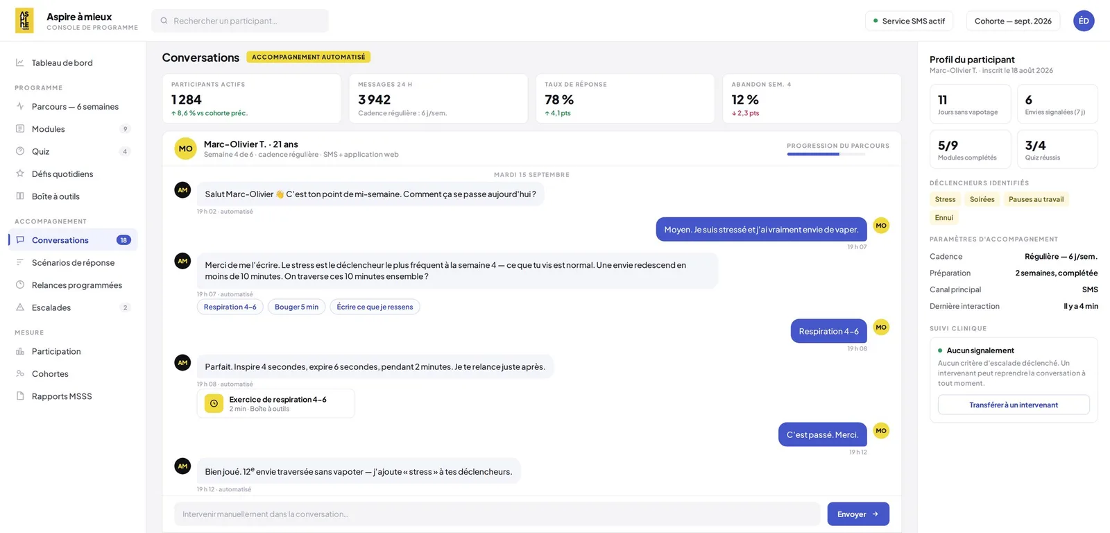 Console Aspire à mieux : conversations, parcours, déclencheurs et suivi du participant