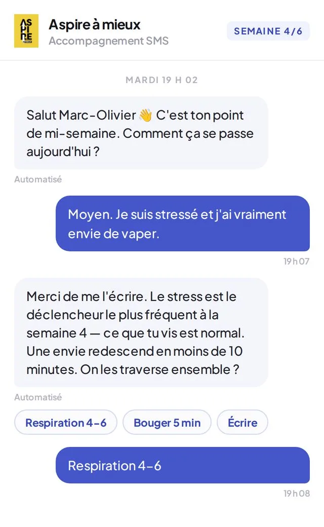Fil SMS d’accompagnement Aspire à mieux avec options de réponse guidée