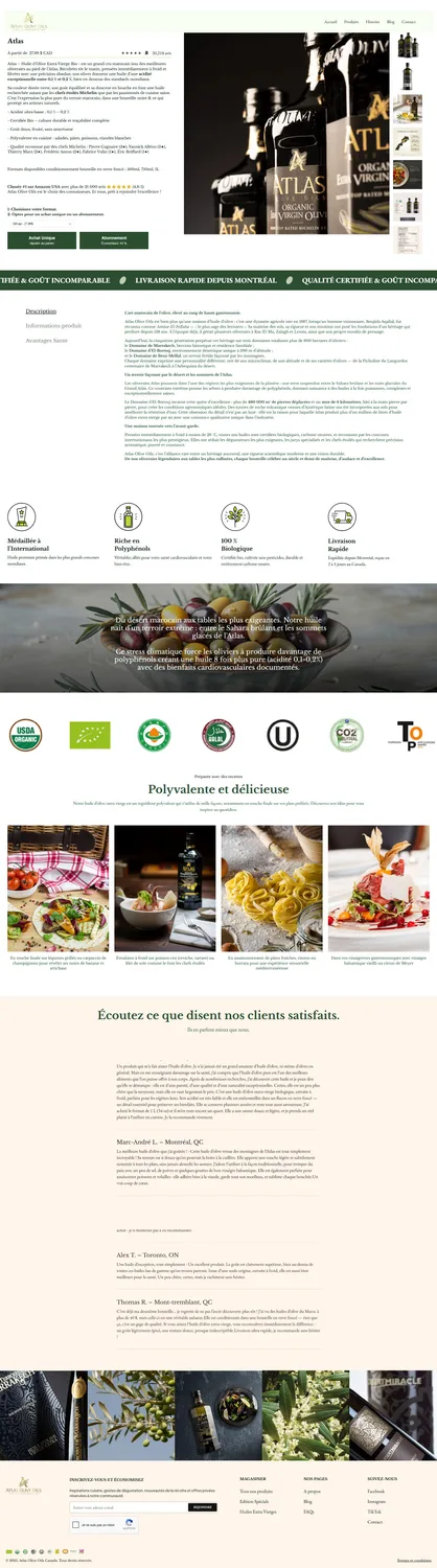 Fiche produit Atlas Olive Oils : variantes, certifications biologiques et avis clients