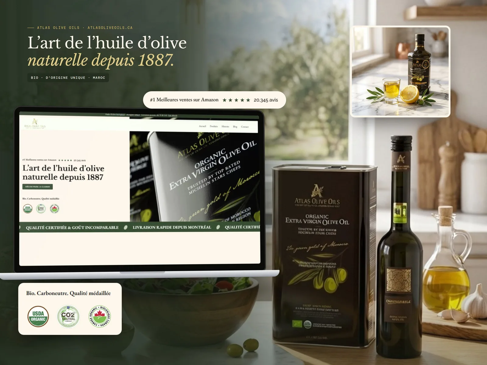 Présentation Atlas Olive Oils : l’art de l’huile d’olive naturelle depuis 1887, boutique en ligne, certifications biologiques et produits phares