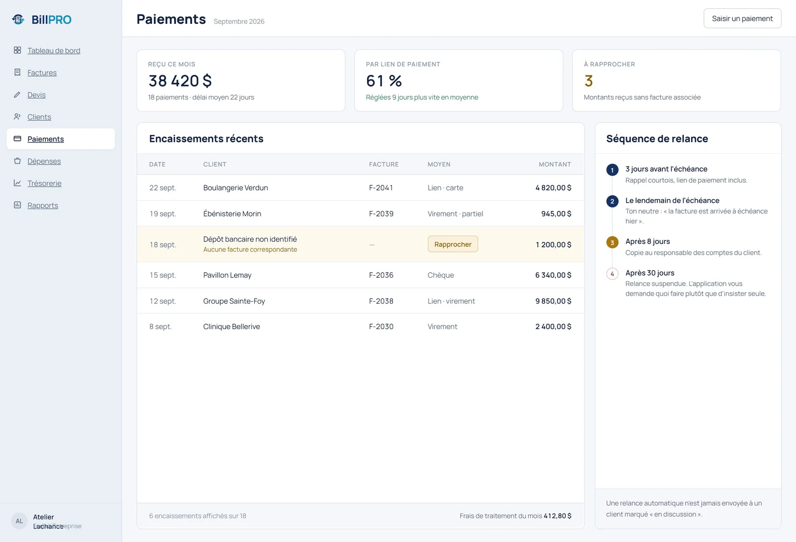 Encaissements et séquence de relance BillPRO
