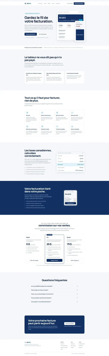 Page de présentation BillPRO : logiciel de facturation pour les entreprises canadiennes