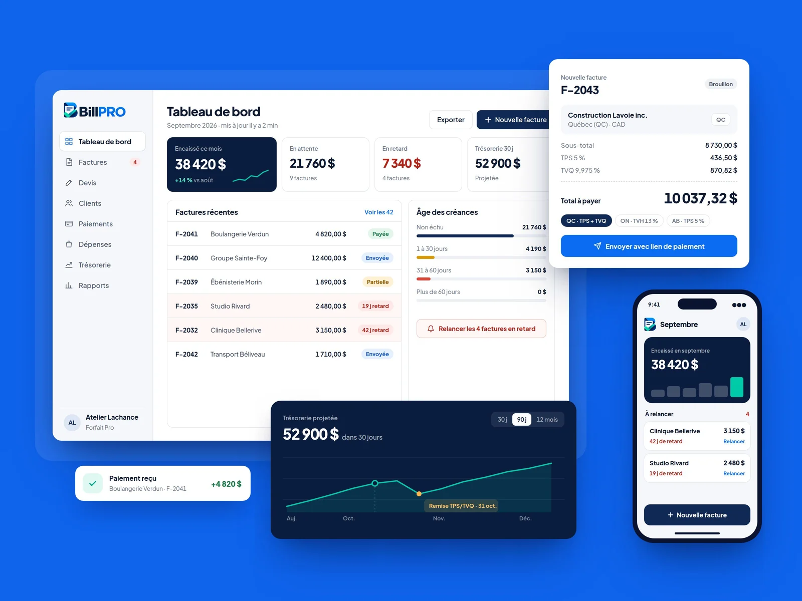 Aperçu BillPRO : tableau de bord, facture avec taxes québécoises, trésorerie projetée et application mobile
