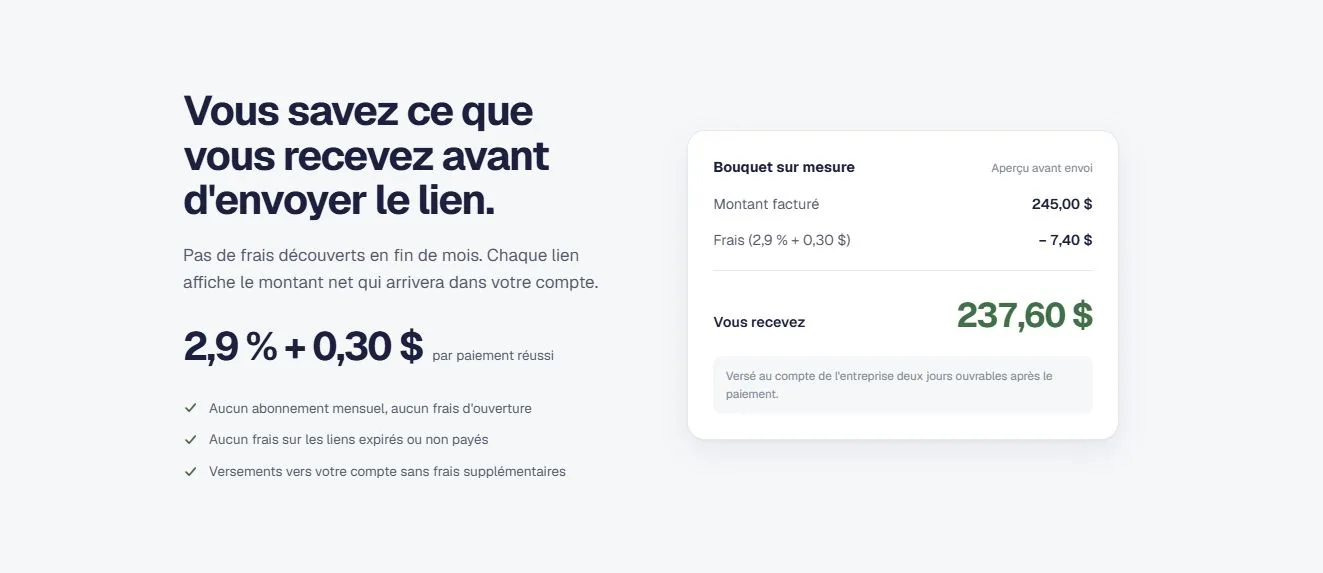Section frais de Borne : montant net reçu affiché avant l’envoi du lien de paiement