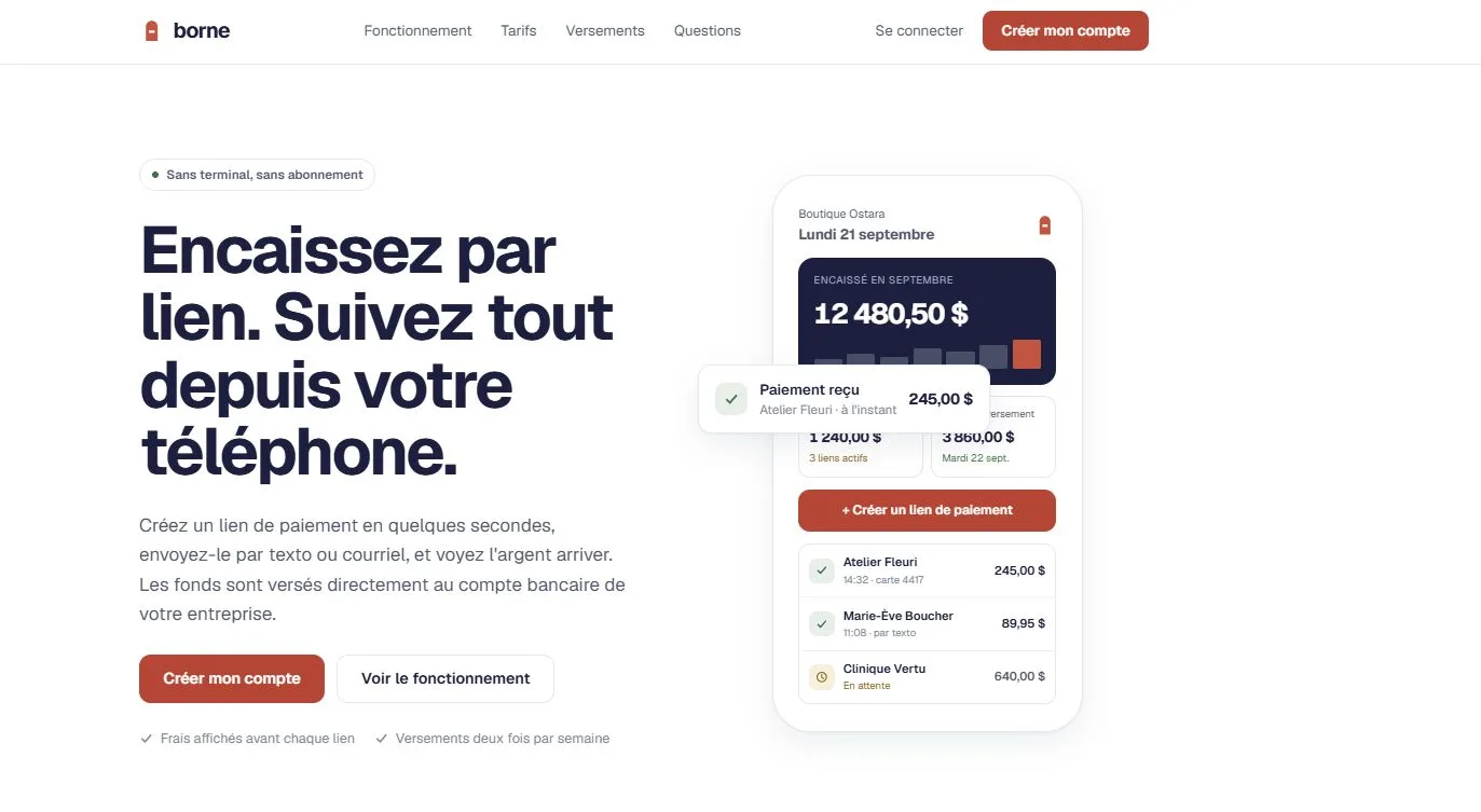 Page d’accueil de Borne : encaissement par lien de paiement et suivi des paiements depuis le téléphone