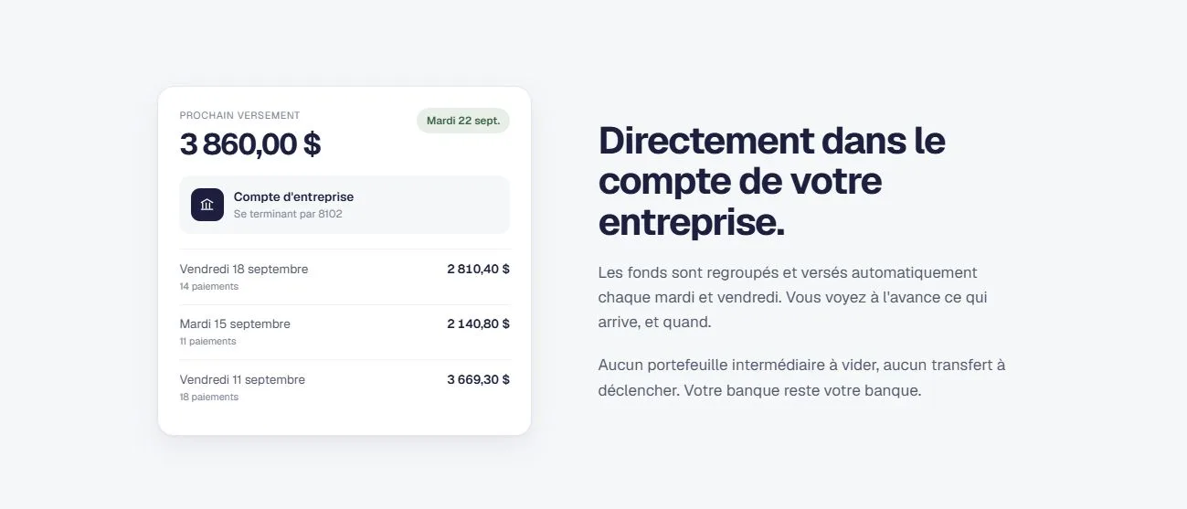 Section versements de Borne : prochain virement, compte d’entreprise et historique des transferts