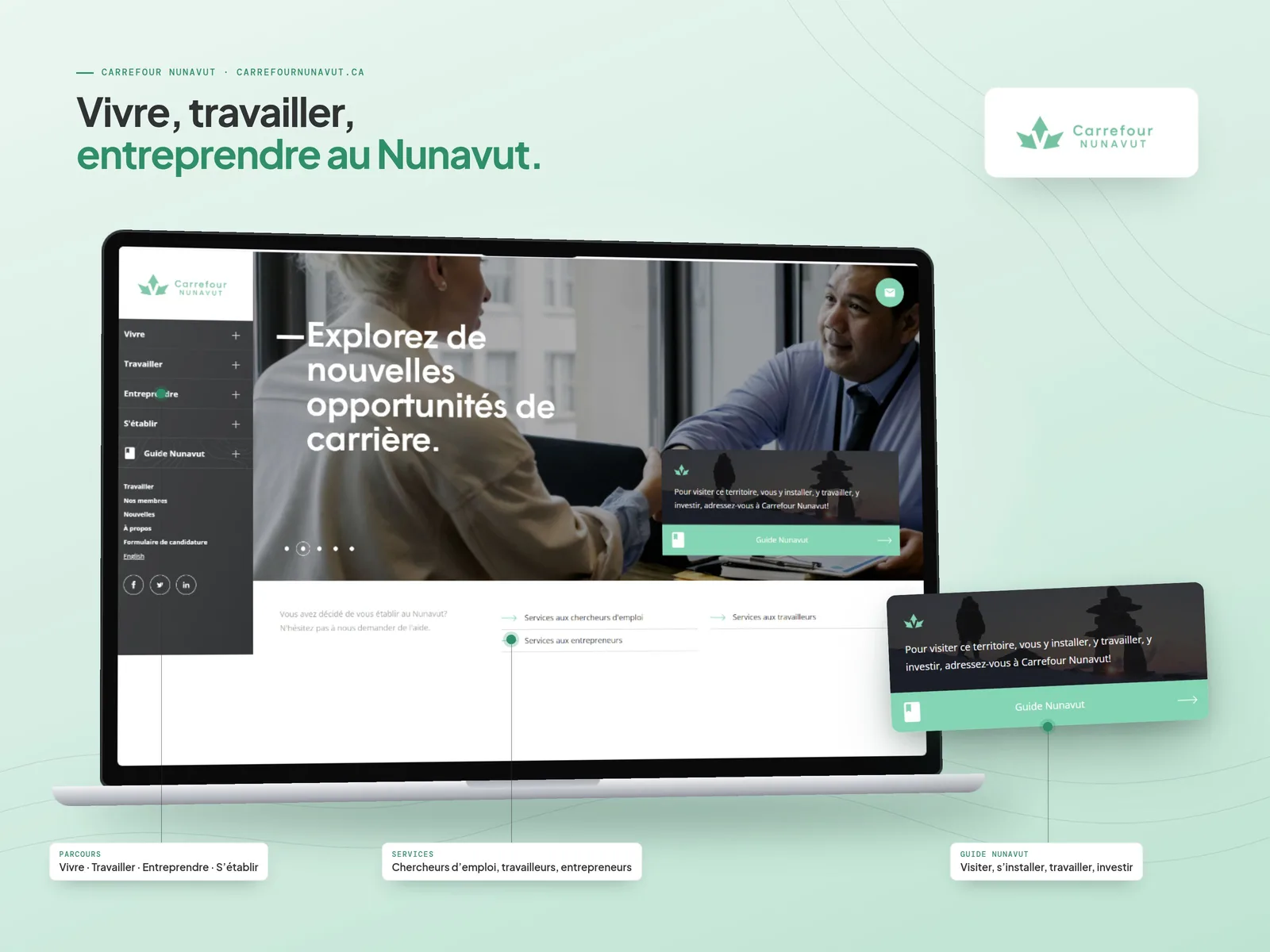 Présentation Carrefour Nunavut : site pour vivre, travailler, entreprendre et s’établir au Nunavut, services et Guide Nunavut