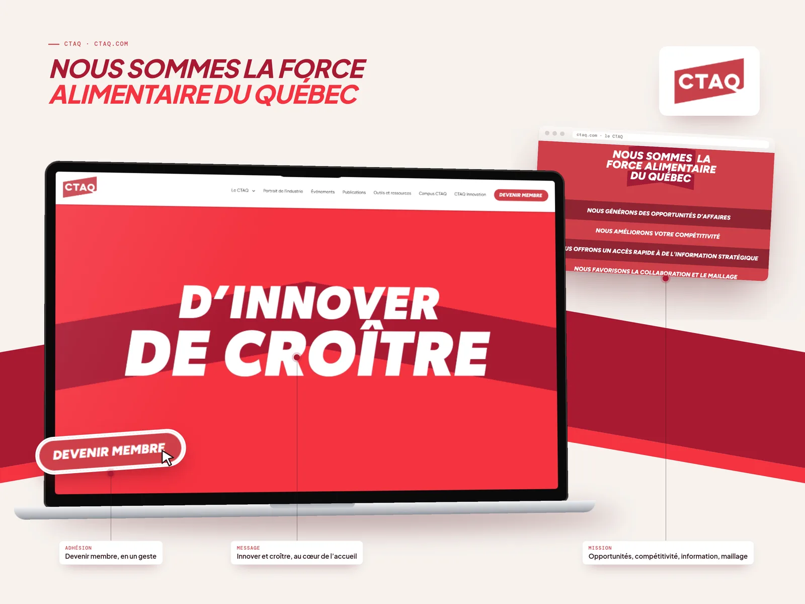 Présentation du CTAQ : la force alimentaire du Québec, adhésion en un geste, message d’accueil et mission de l’organisation