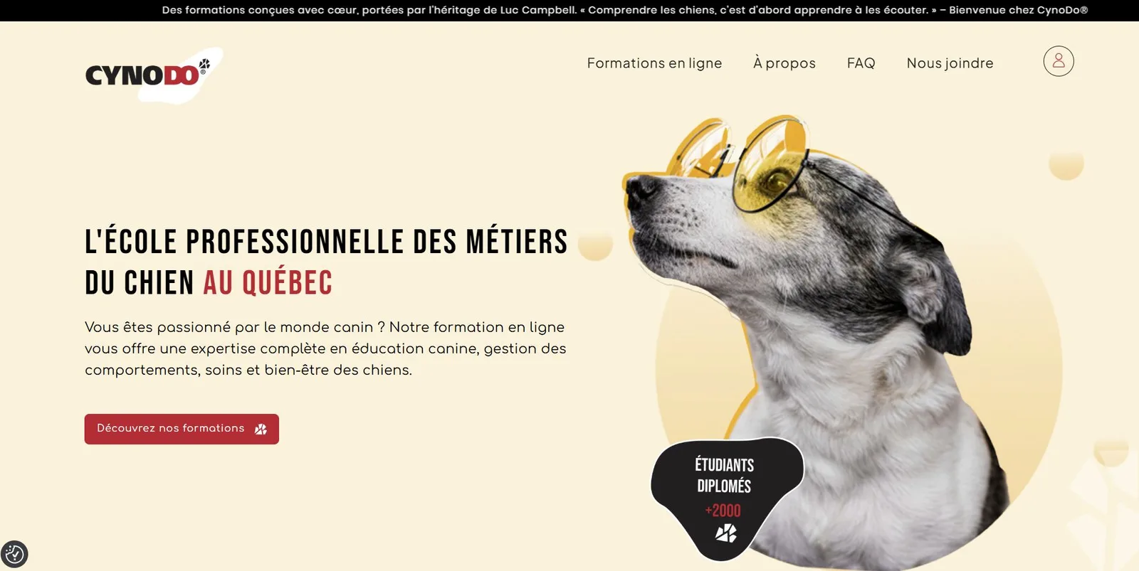 Page d’accueil de la plateforme de formation canine Cynodo