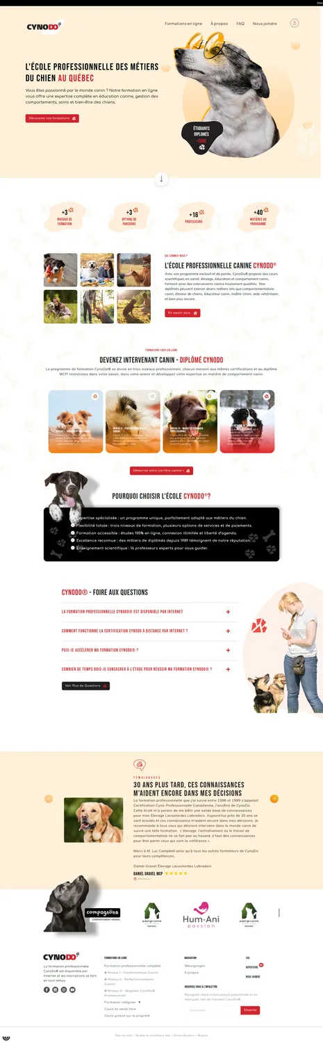 Site Cynodo : formations canines par niveaux, certification et parcours apprenant