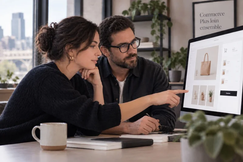 Deux professionnels analysent ensemble une interface de commerce électronique