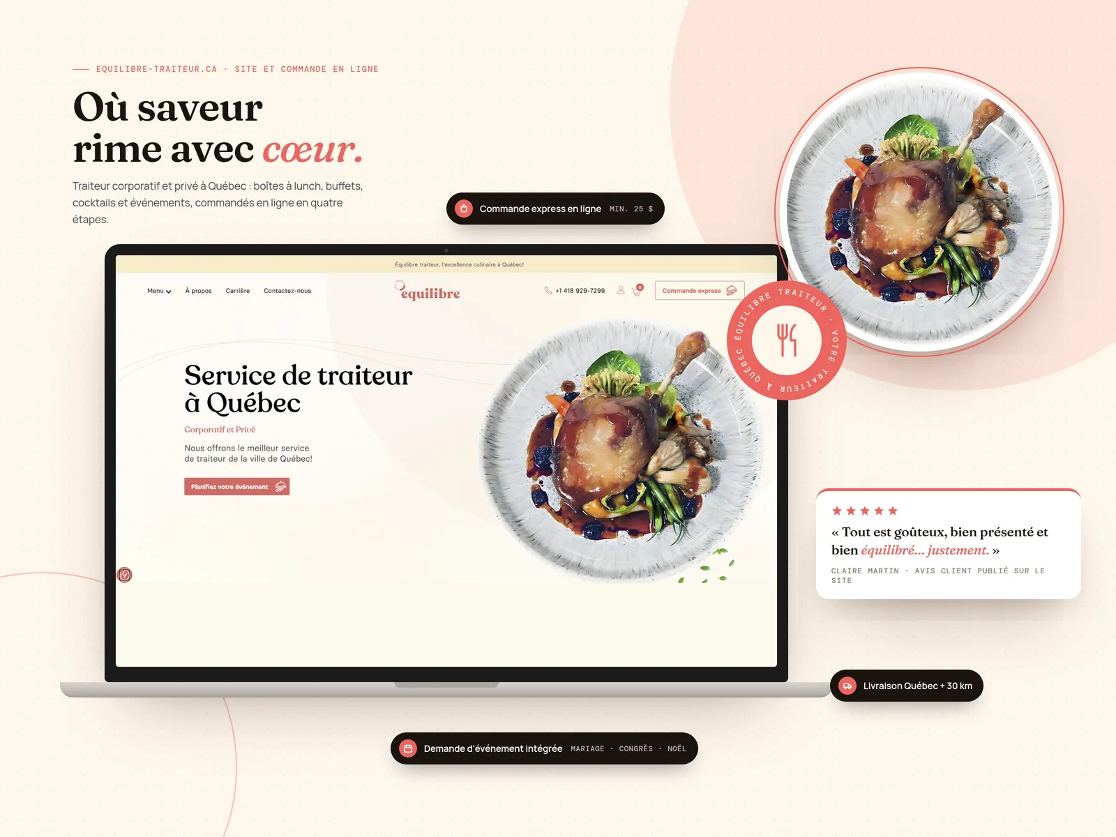 Présentation Équilibre Traiteur : site de traiteur à Québec, commande express en ligne, demande d’événement et livraison