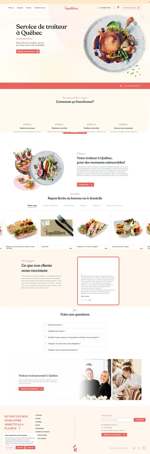 Site Équilibre Traiteur : service de traiteur à Québec, étapes de commande et sélection de repas