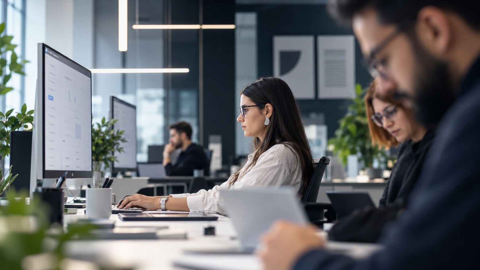 Équipe Nuevamed au travail sur des interfaces numériques dans les bureaux de l’agence.