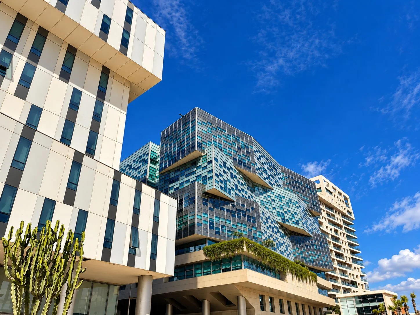Contemporary buildings in Casablanca under a blue sky