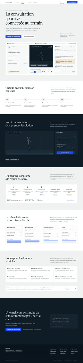 Page d’accueil de KINEXA : consultation sécurisée, dossier athlète et décision clinique