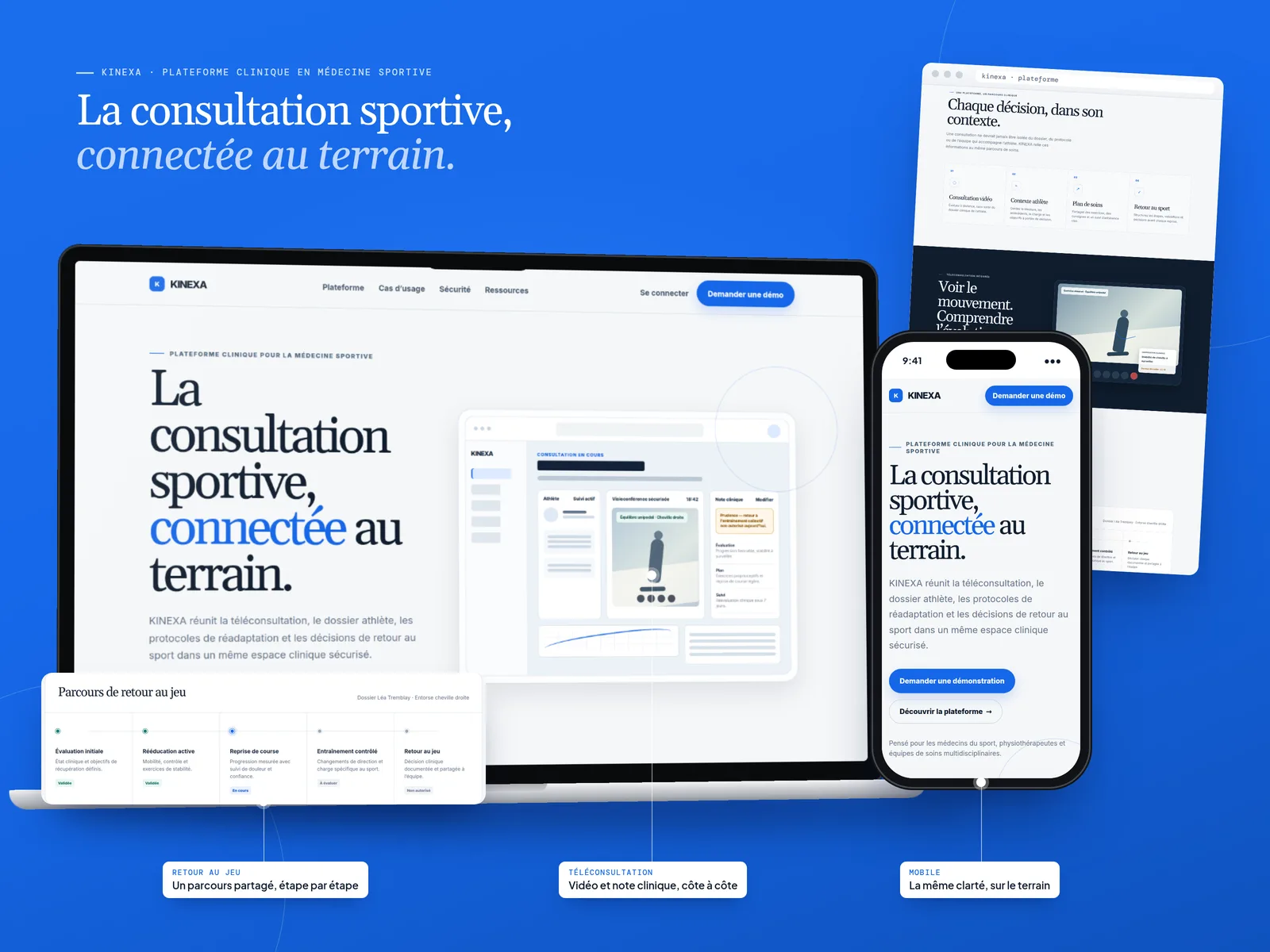 Présentation KINEXA : plateforme clinique en médecine sportive, téléconsultation avec note clinique, parcours de retour au jeu et version mobile