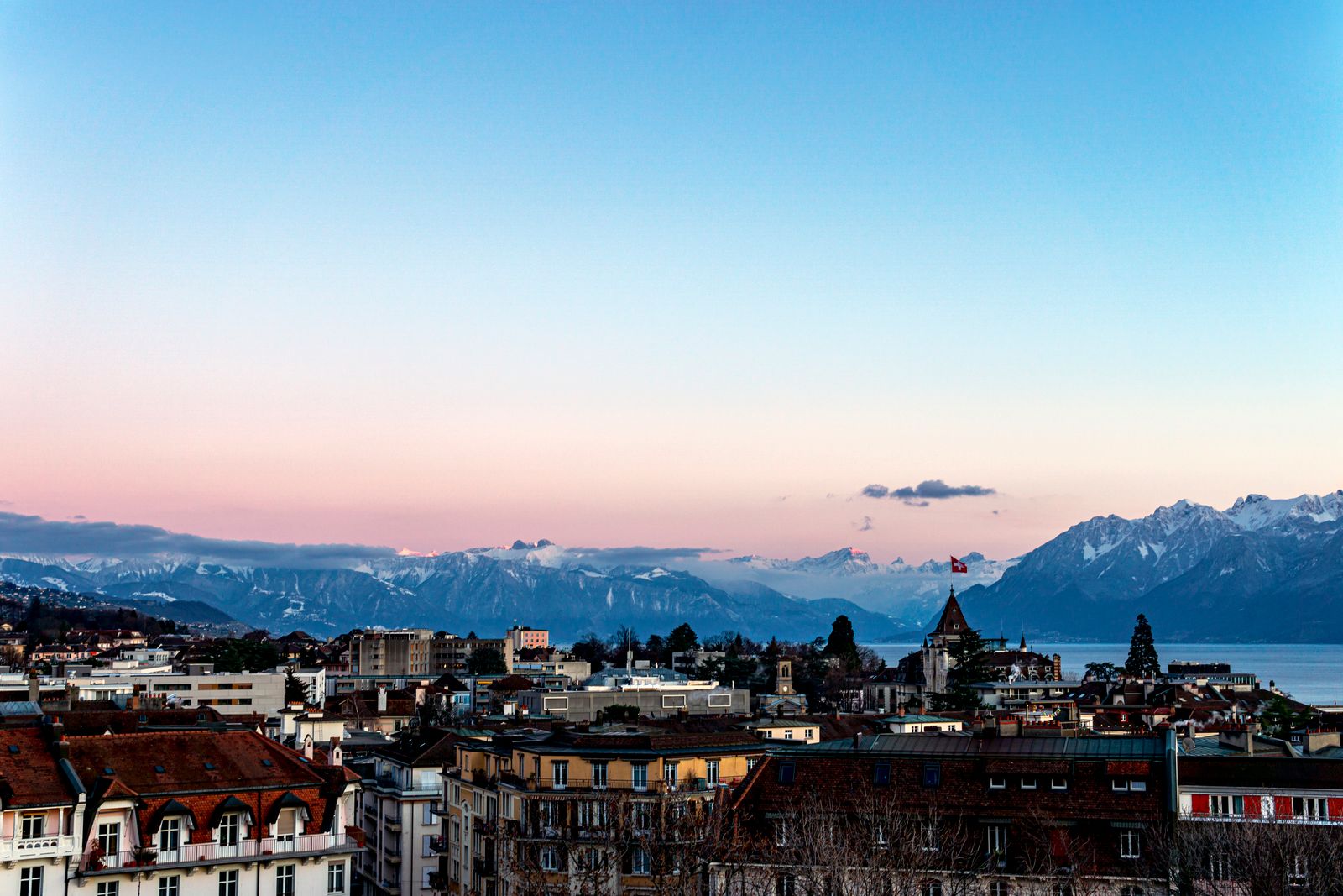 Lausanne, Lake Geneva and the Alps at sunset