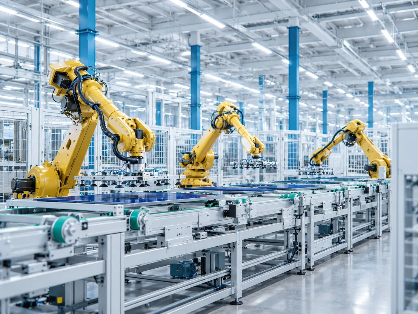 Ligne d’assemblage automatisée avec bras robotisés et convoyeurs dans une usine moderne