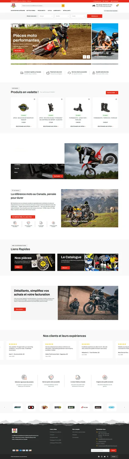 Boutique MD Distributions : catalogue de pièces moto, espace détaillants et sections de marques
