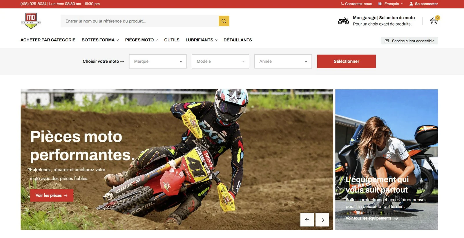Boutique MD Distributions : catalogue de pièces moto, espace détaillants et sections de marques