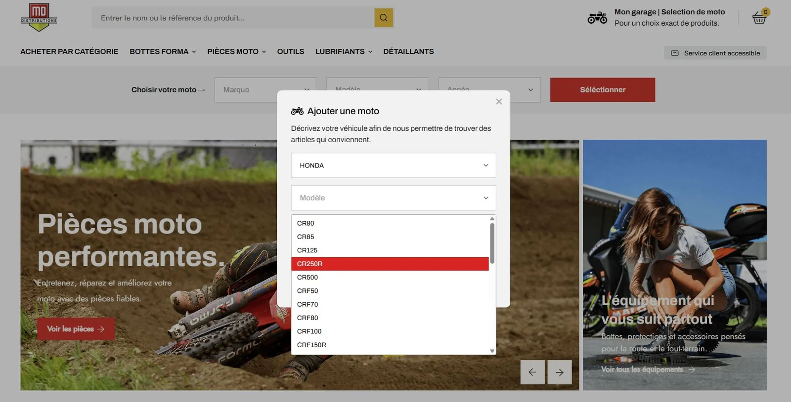 Sélecteur de moto MD Distributions : choix de la marque, du modèle et de l’année