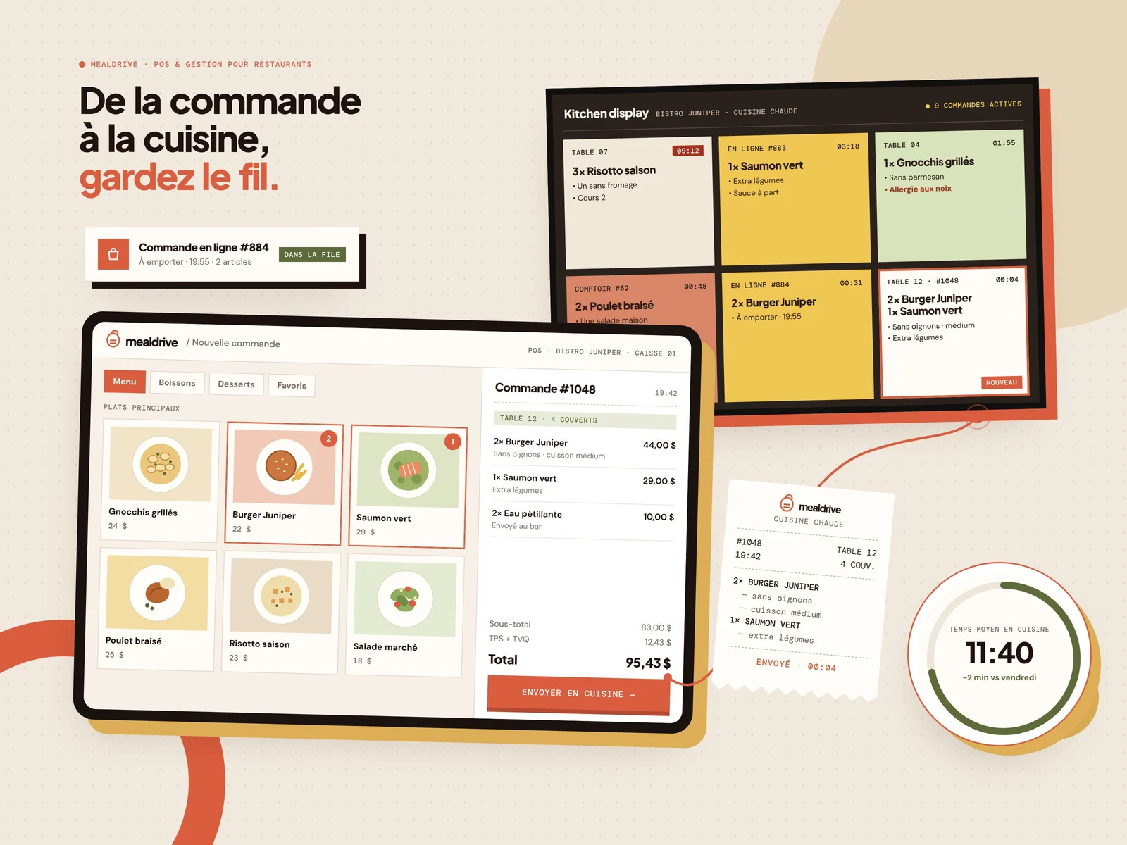 Aperçu MealDrive : prise de commande sur tablette, écran cuisine, bon de commande et temps moyen en cuisine