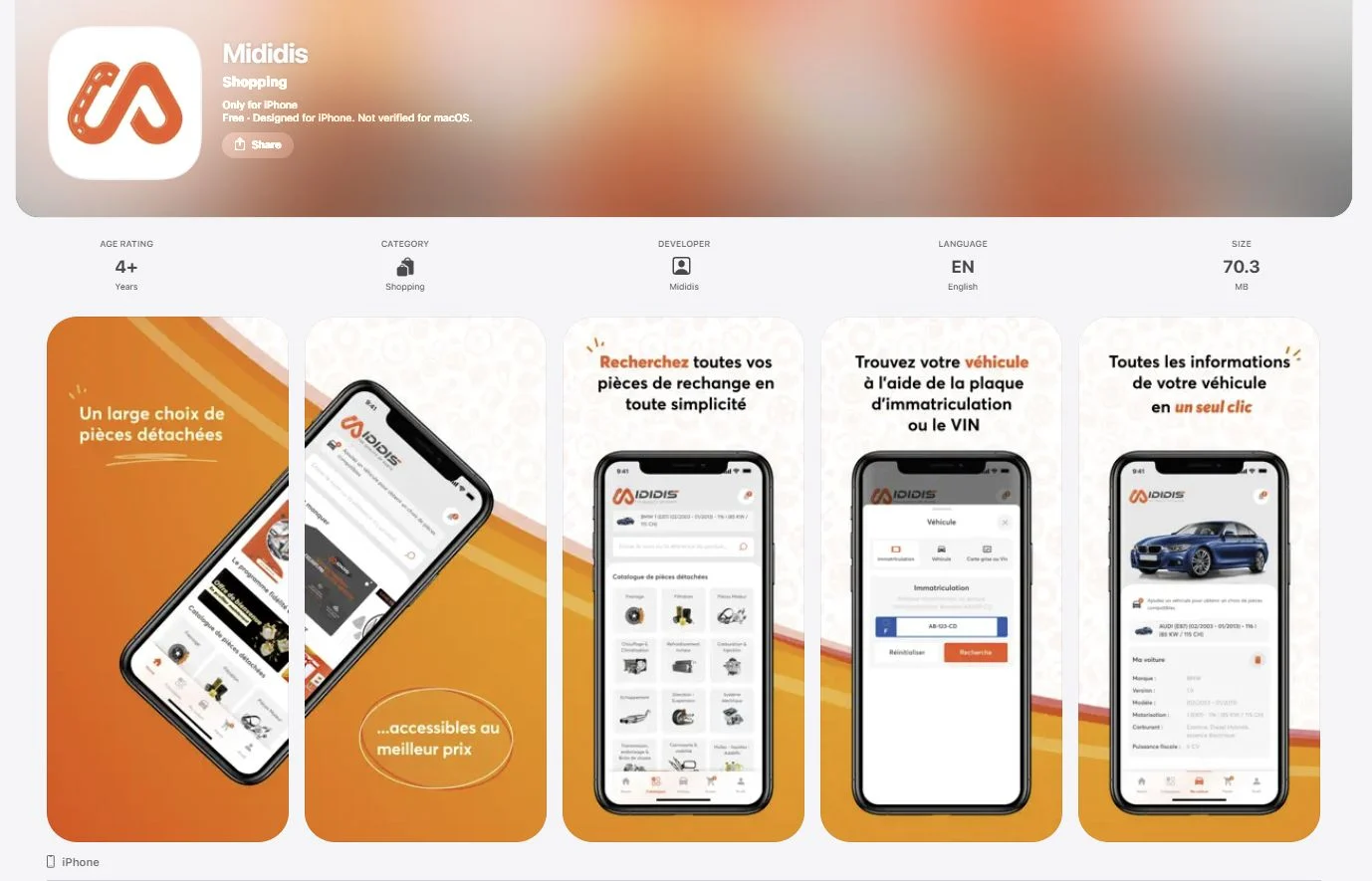 Fiche de l’application mobile Mididis : recherche de pièces, identification par plaque ou VIN et fiche véhicule