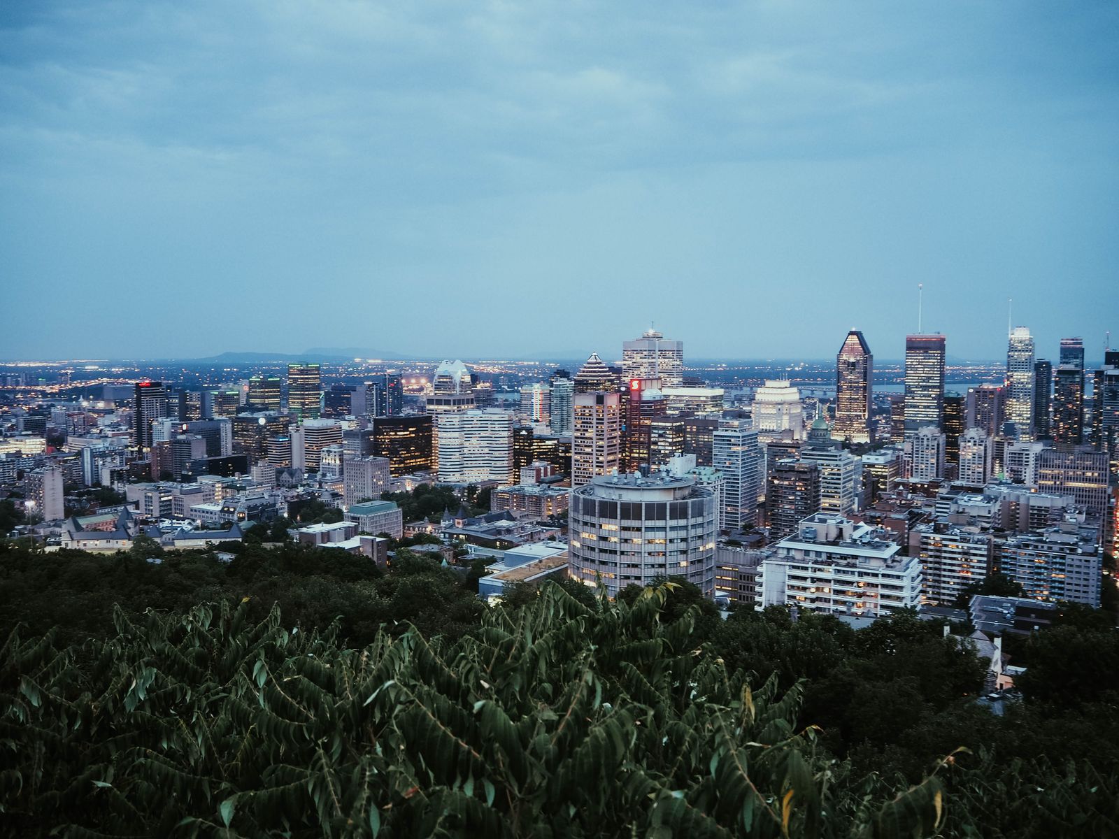 View of the Montréal skyline from Mount Royal at dusk