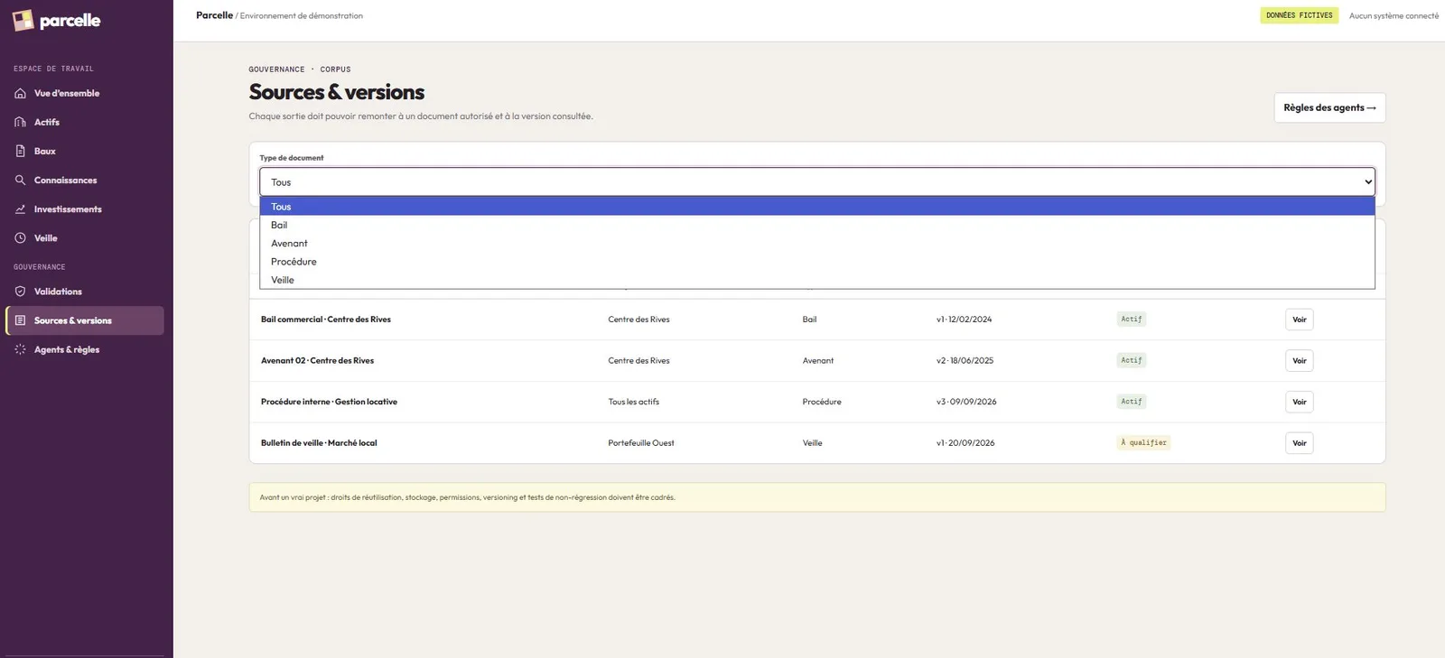Sources et versions Parcelle : chaque document autorisé, son type, son actif et sa version consultée