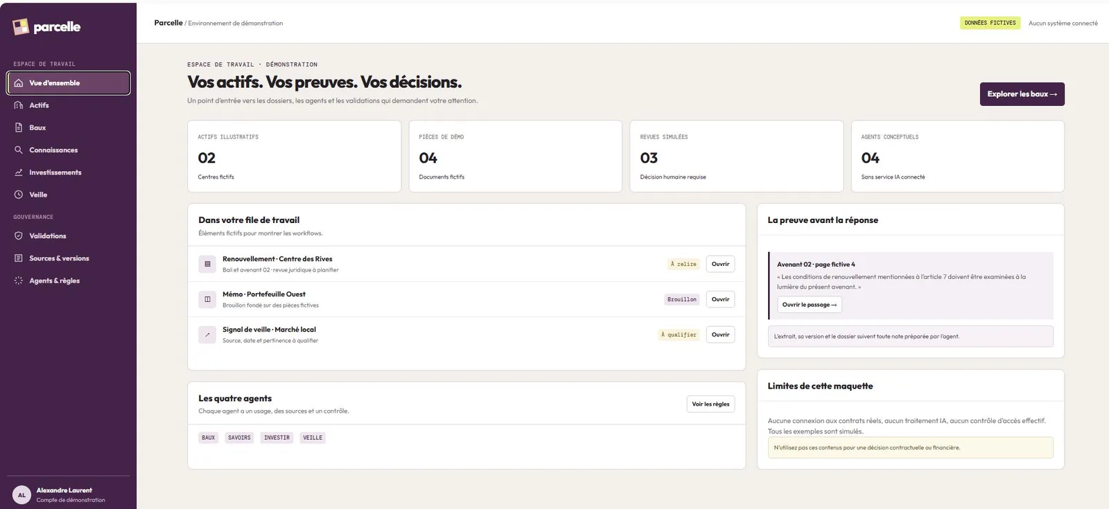Vue d’ensemble Parcelle : actifs, pièces, revues, file de travail et preuve avant la réponse