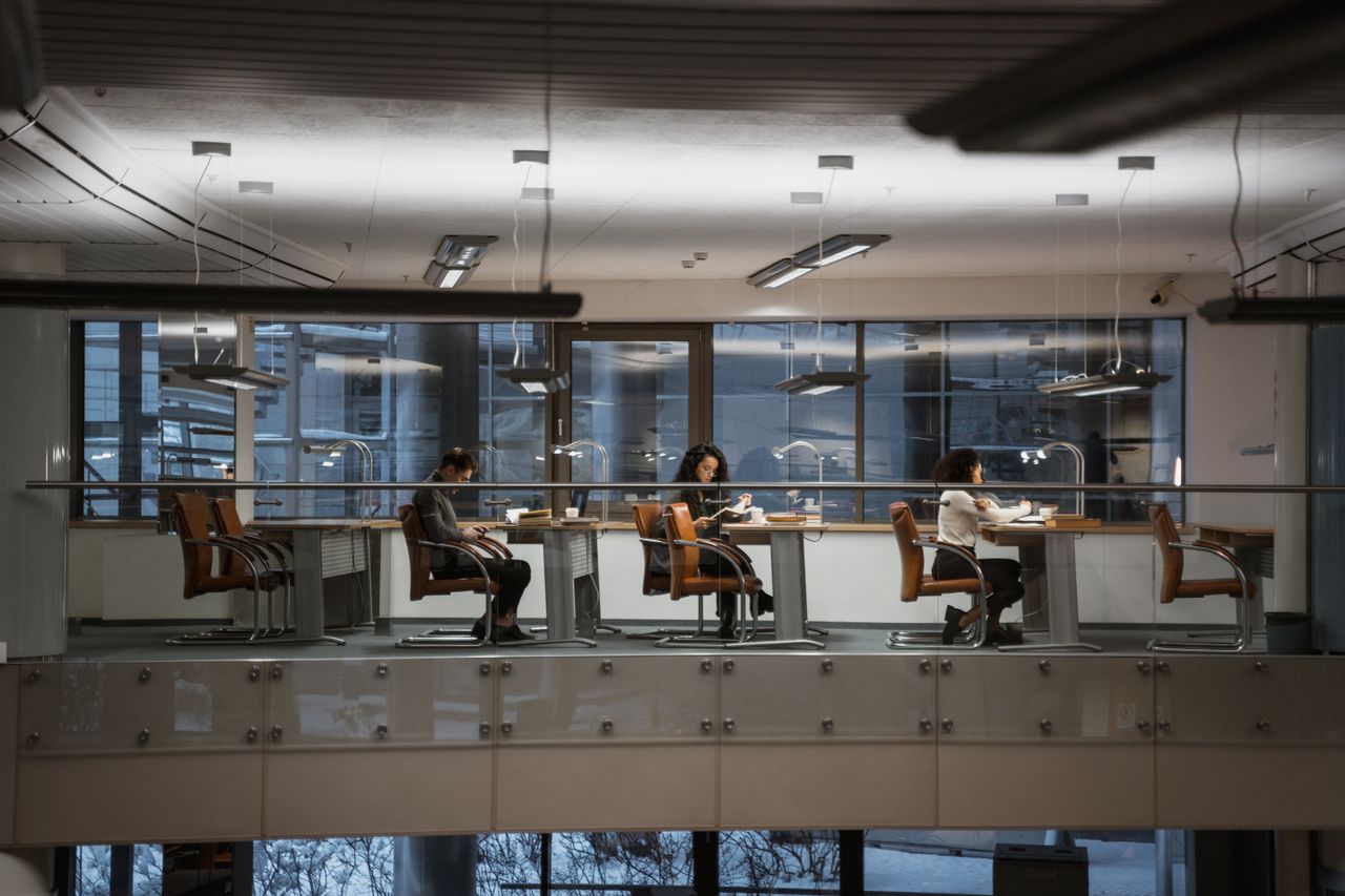Personnes en train d’étudier dans une bibliothèque contemporaine.
