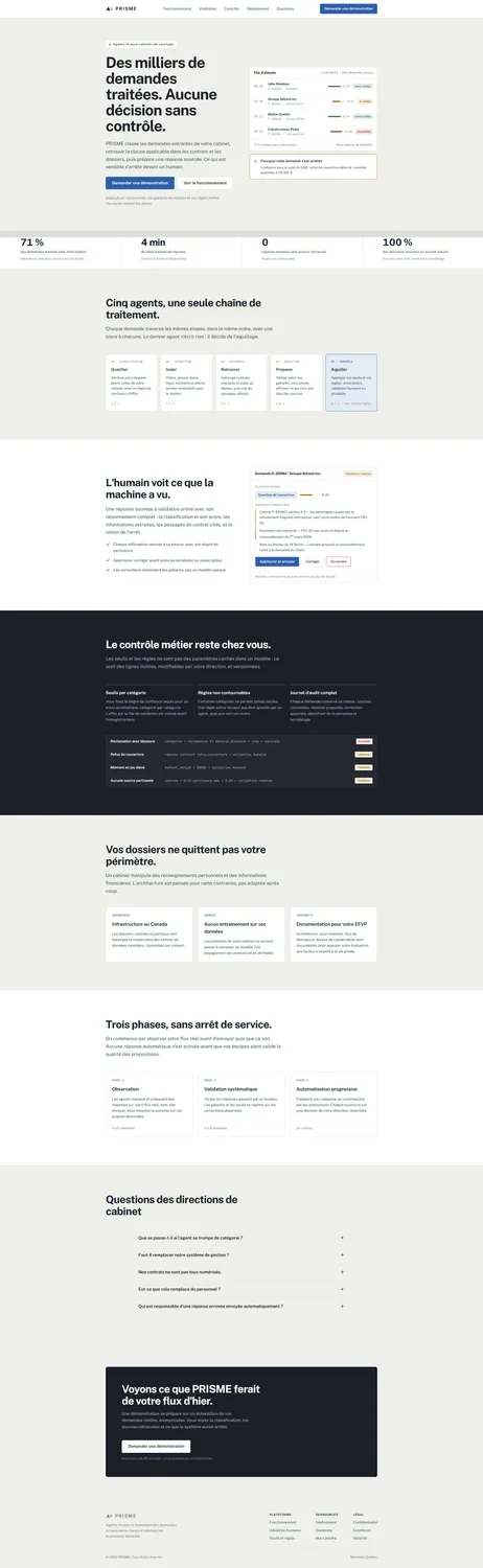 Page d’accueil de PRISME : classement des demandes entrantes, chaîne de traitement en cinq agents, réponse citant ses sources et règles de validation humaine