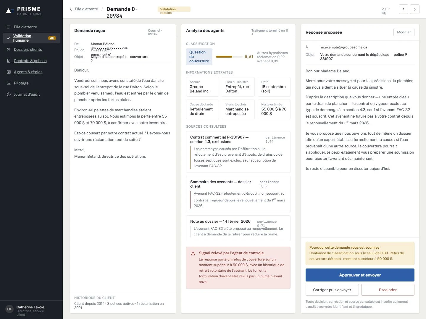 Écran PRISME de validation humaine : demande reçue, analyse des agents et réponse proposée