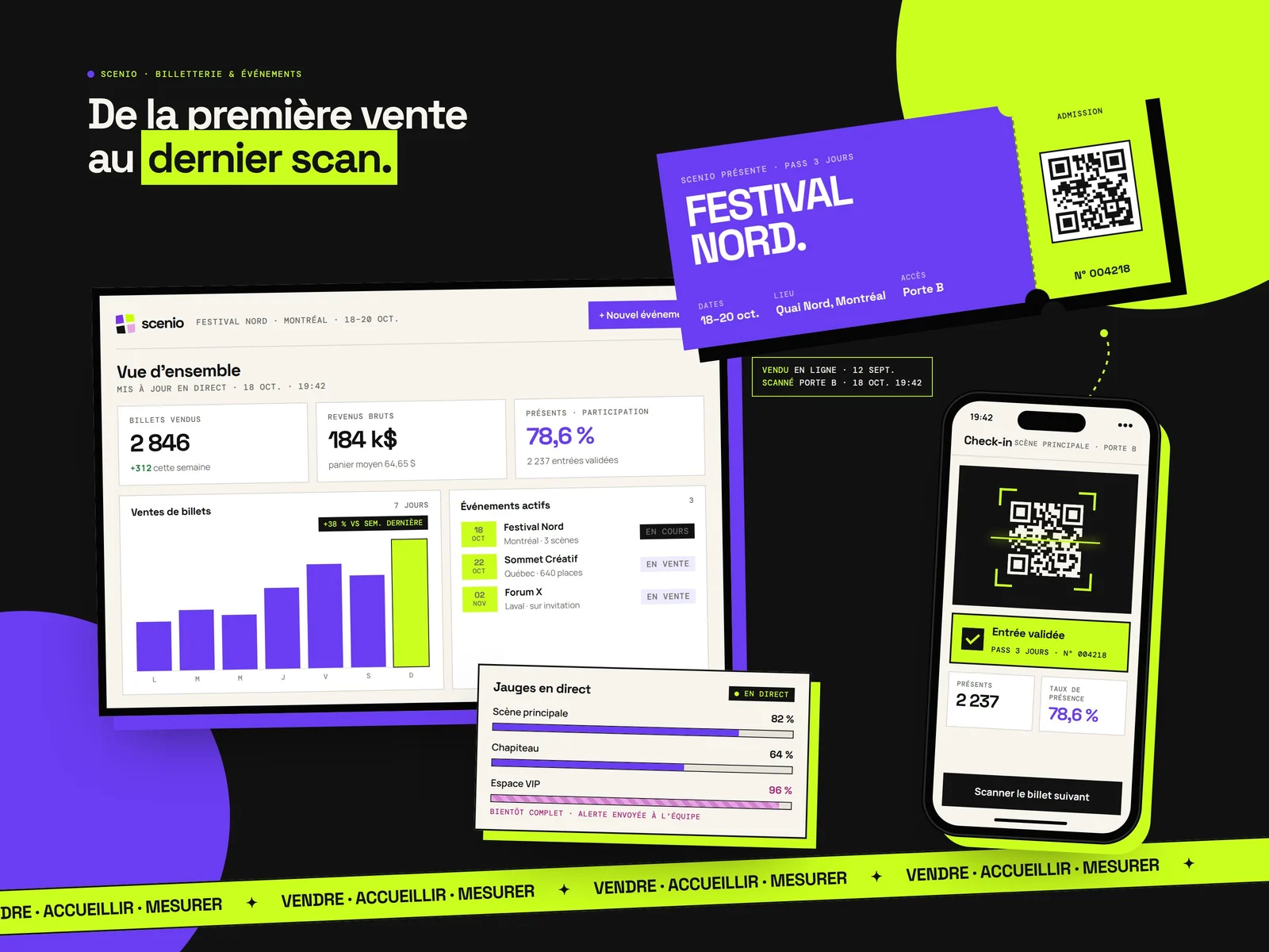 Aperçu Scenio : tableau de bord des ventes, billet électronique, jauges en direct et check-in mobile