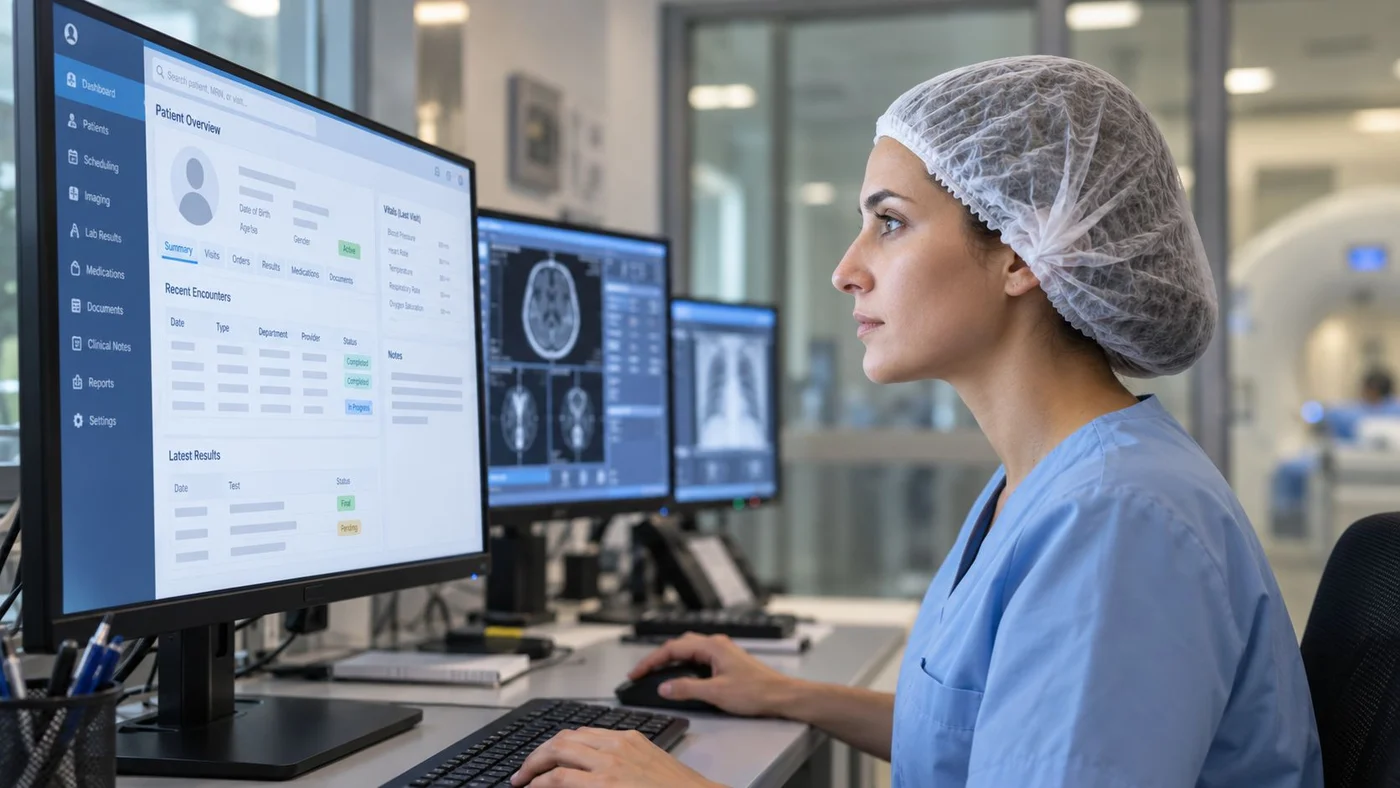 Professionnelle de la santé consultant un dossier patient numérique et des examens d’imagerie sur les postes d’un service hospitalier