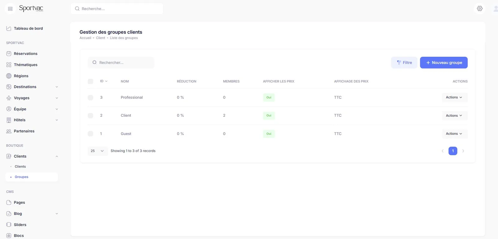 Back-office Sportvac : gestion des groupes clients et des réductions