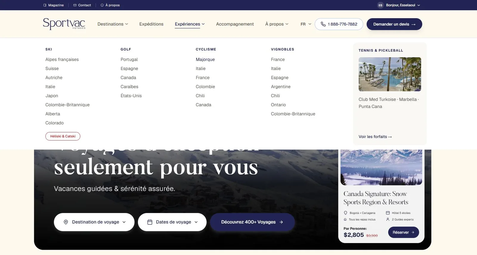 Menu de navigation Sportvac déployé par discipline et par destination