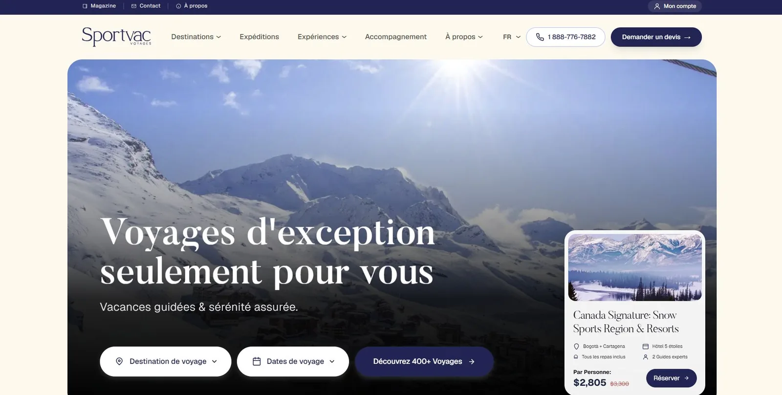 Page d’accueil de Sportvac Voyages avec recherche de destination et voyage mis en avant