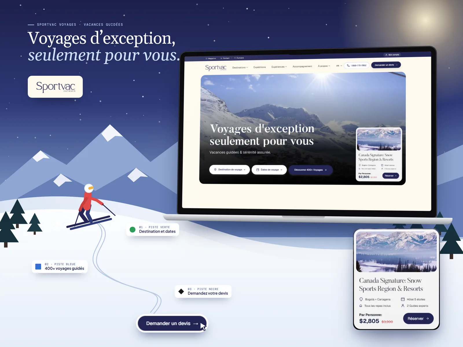 Présentation Sportvac Voyages : vacances guidées, recherche par destination et dates, voyages guidés et demande de devis sur ordinateur et mobile